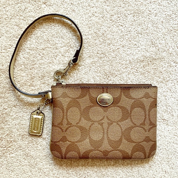 Coach Handbags - Coach | Metallic gold & brown leather wristlet